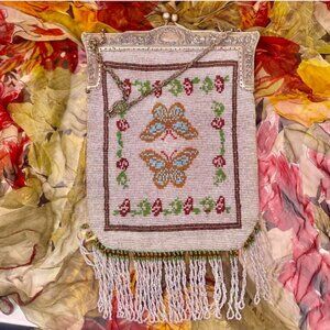 1920's silver plated beaded purse, butterfly beaded